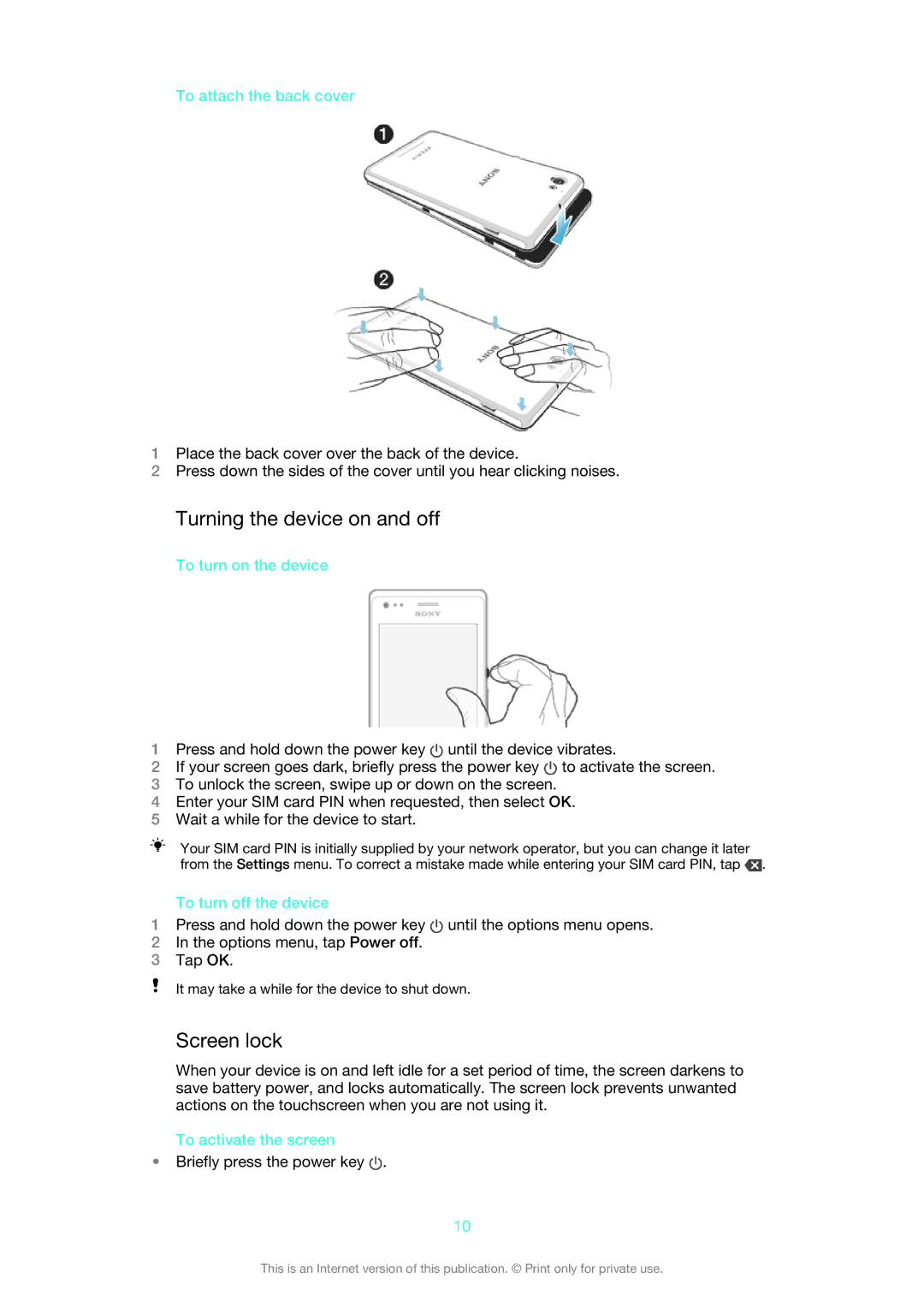 Sony 1275-9580 manual Turning the device on and off, Screen lock 