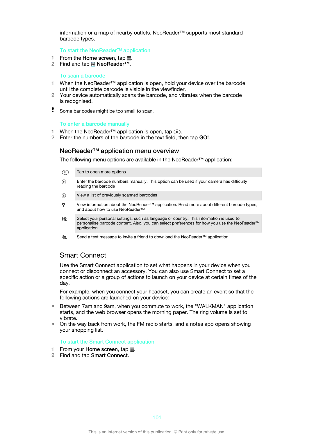 Sony 1275-9580 manual Smart Connect, NeoReader application menu overview 