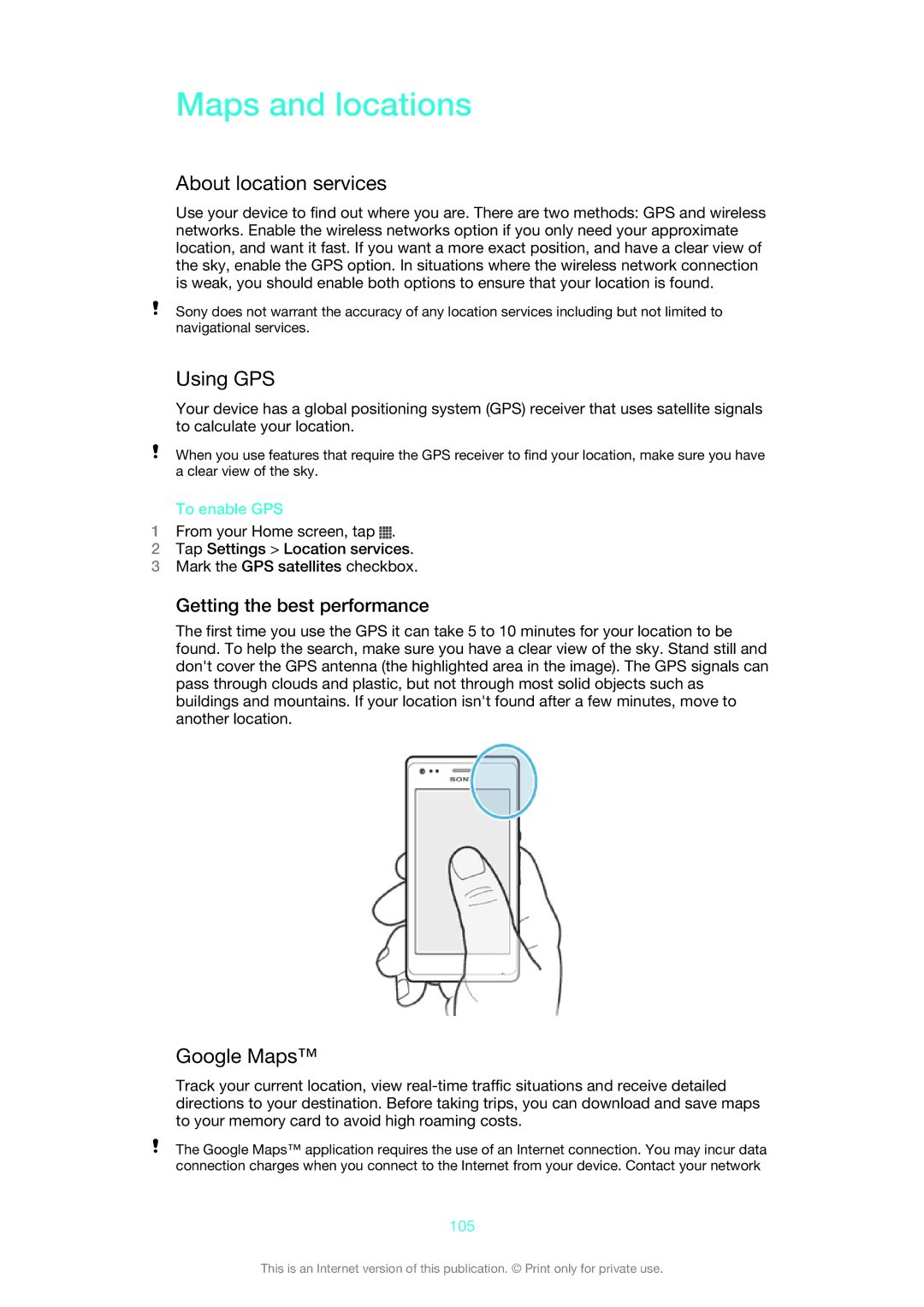 Sony 1275-9580 manual Maps and locations, About location services, Using GPS, Google Maps, Getting the best performance 