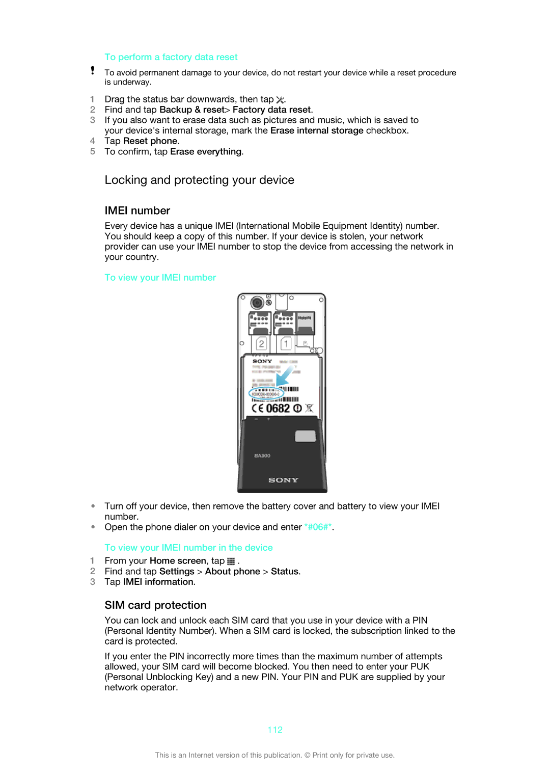 Sony 1275-9580 manual Locking and protecting your device, Imei number, SIM card protection 