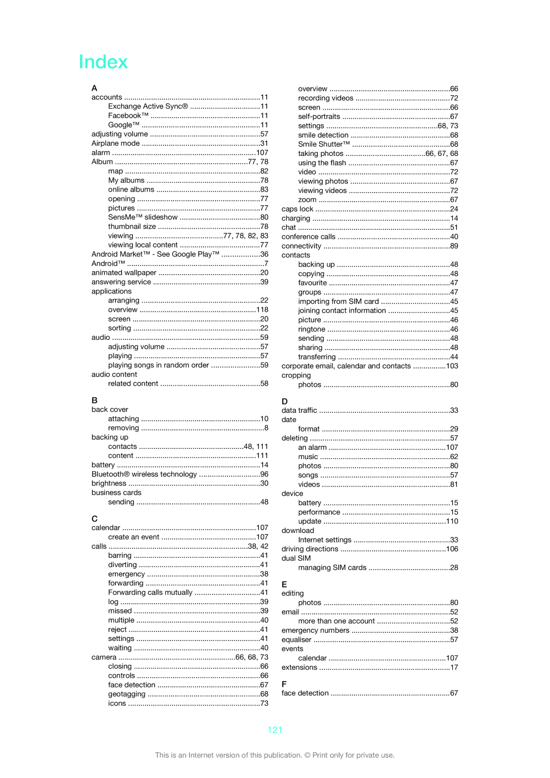 Sony 1275-9580 manual Index, 121 