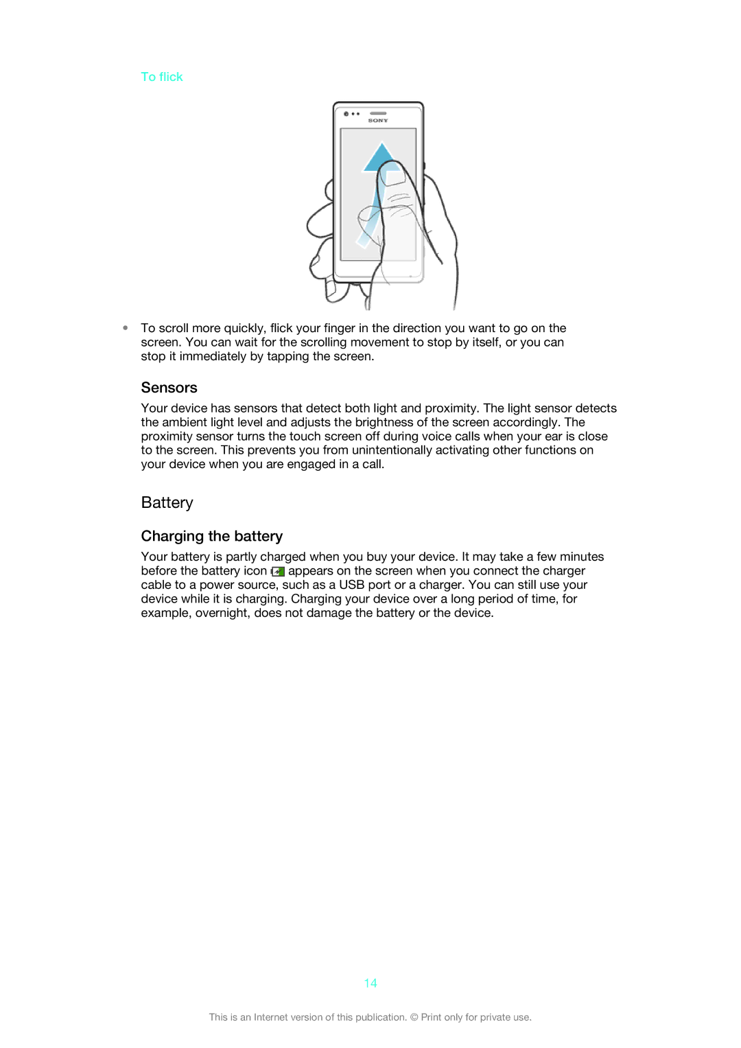 Sony 1275-9580 manual Battery, Sensors, Charging the battery, To flick 