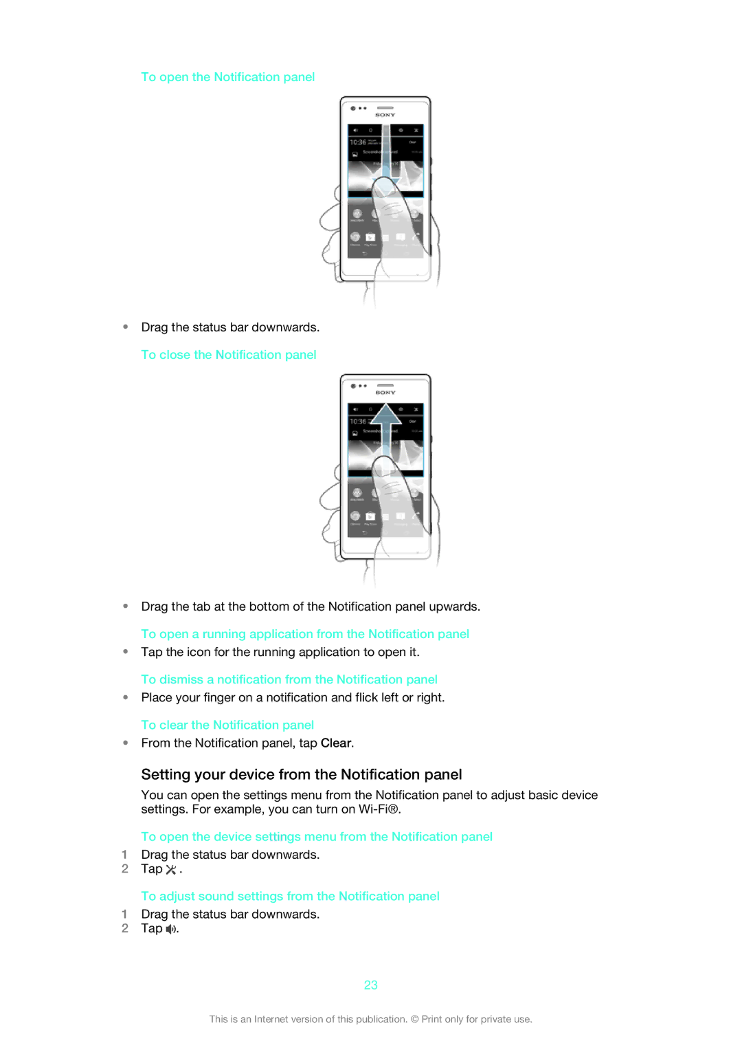 Sony 1275-9580 manual Setting your device from the Notification panel, To open the Notification panel 