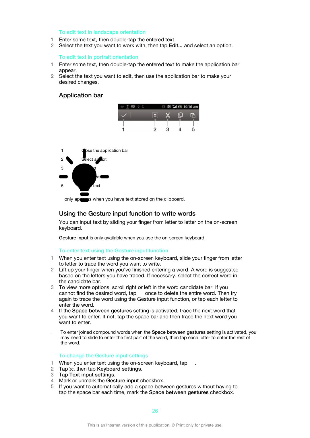 Sony 1275-9580 manual Application bar, Using the Gesture input function to write words 