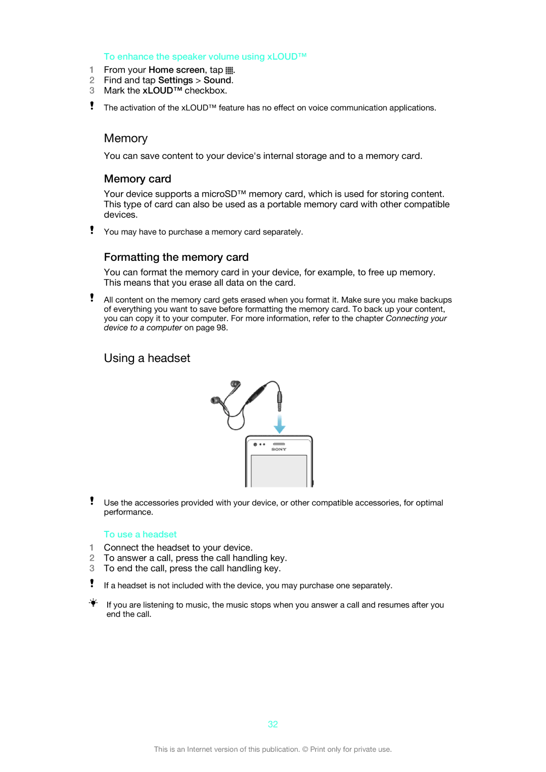 Sony 1275-9580 manual Using a headset, Memory card, Formatting the memory card 