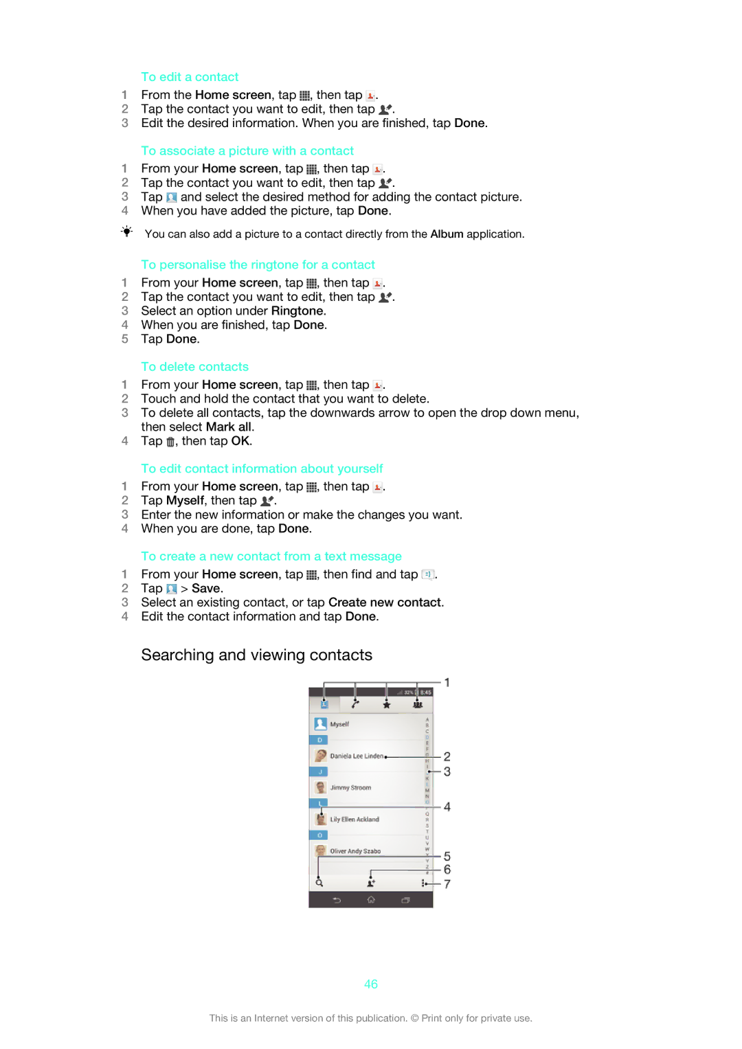 Sony 1275-9580 manual Searching and viewing contacts 