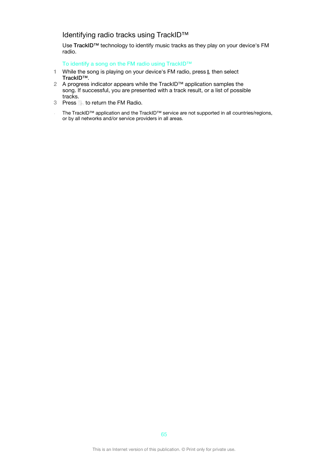 Sony 1275-9580 manual Identifying radio tracks using TrackID, To identify a song on the FM radio using TrackID 