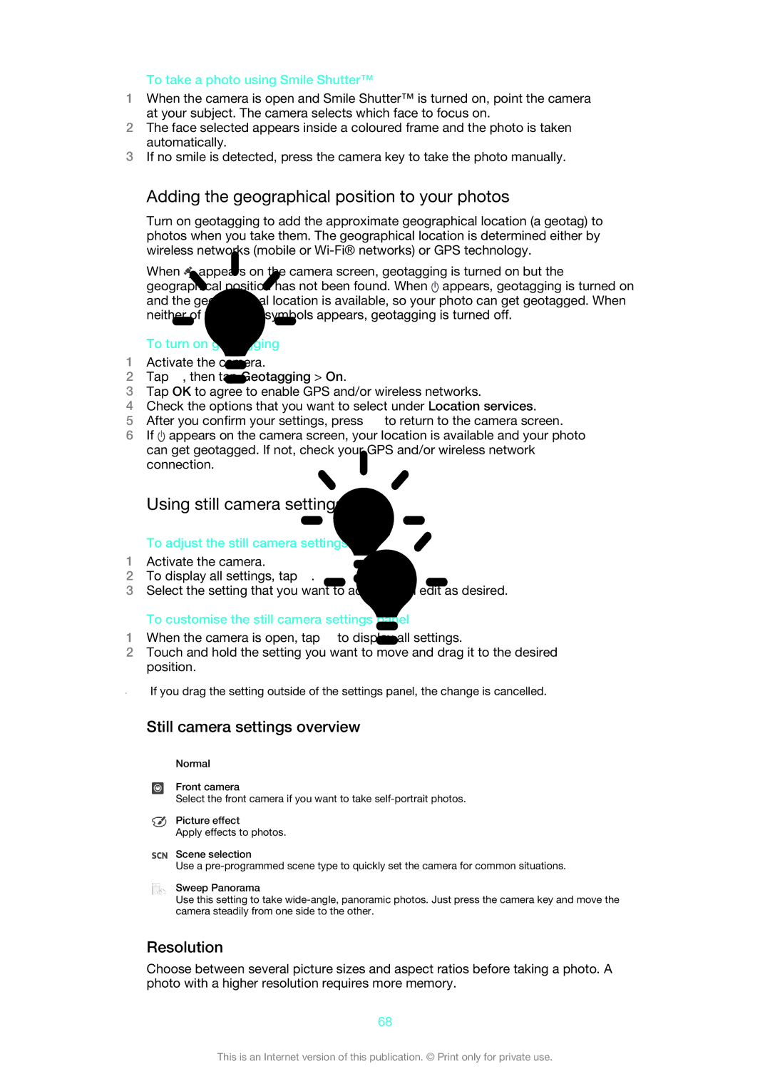 Sony 1275-9580 manual Adding the geographical position to your photos, Using still camera settings, Resolution 