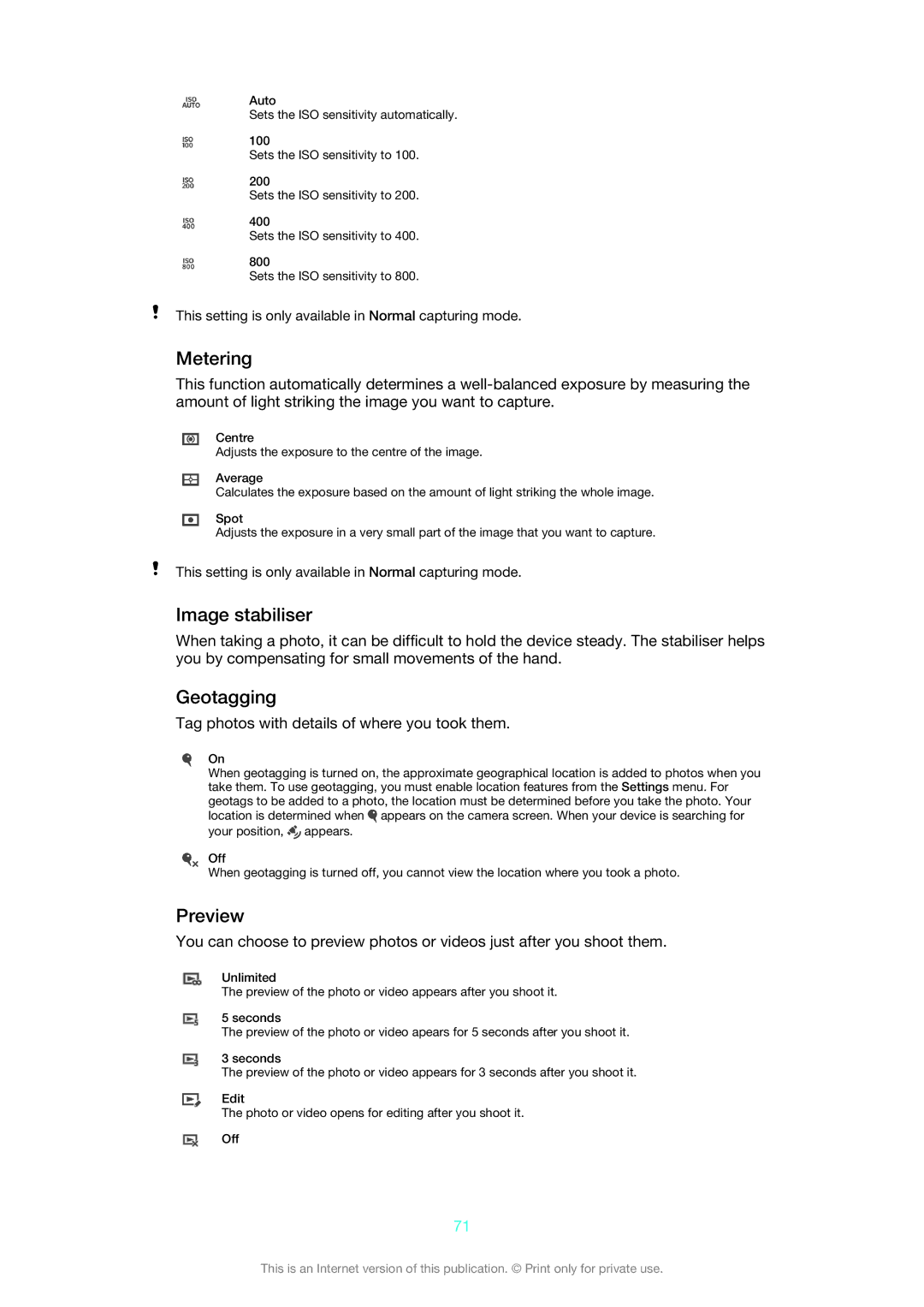 Sony 1275-9580 manual Metering, Image stabiliser, Geotagging, Preview, Tag photos with details of where you took them 