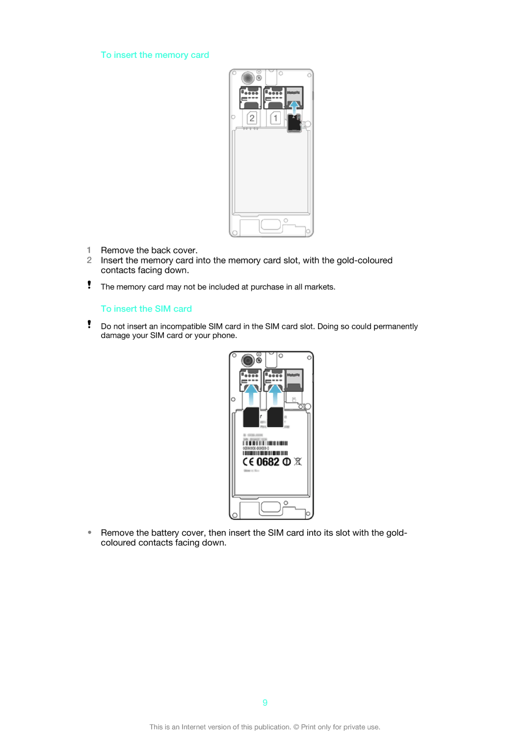 Sony 1275-9580 manual To insert the memory card, To insert the SIM card 