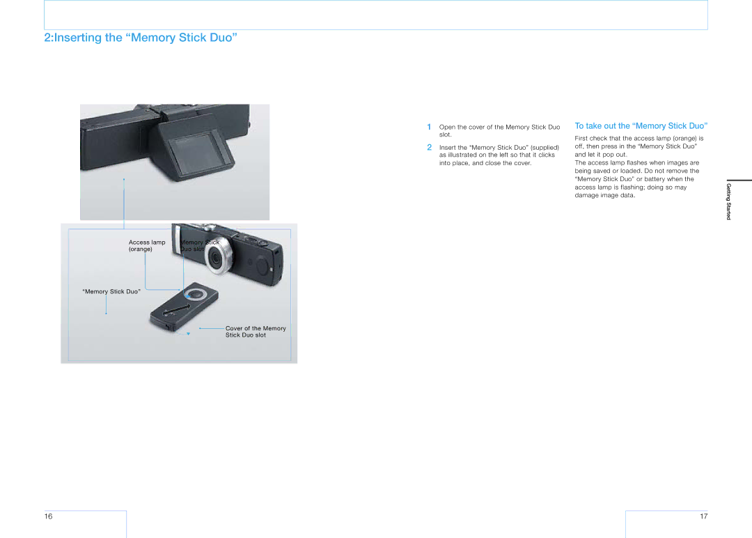 Sony 16 manual 2Inserting the Memory Stick Duo, To take out the Memory Stick Duo 