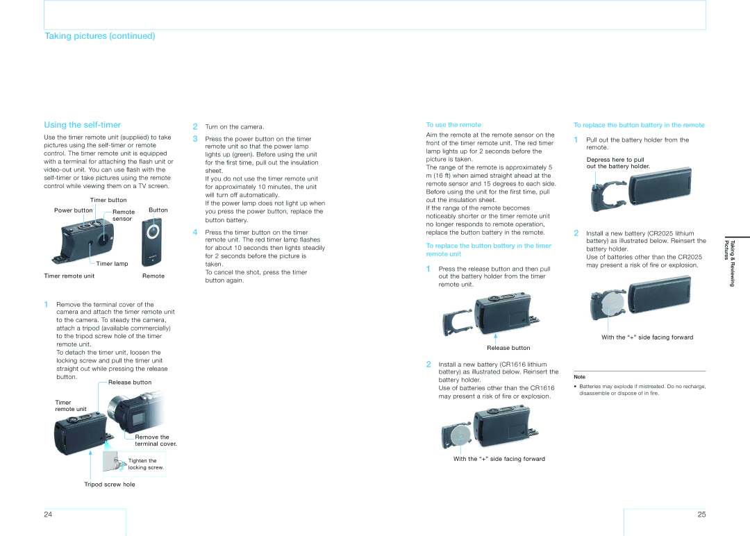 Sony 16 manual Using the self-timer, To use the remote, To replace the button battery in the timer remote unit 