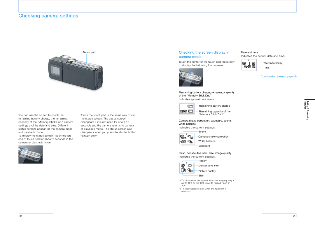 Sony 16 manual Checking camera settings, Checking the screen display in camera mode, Date and time 