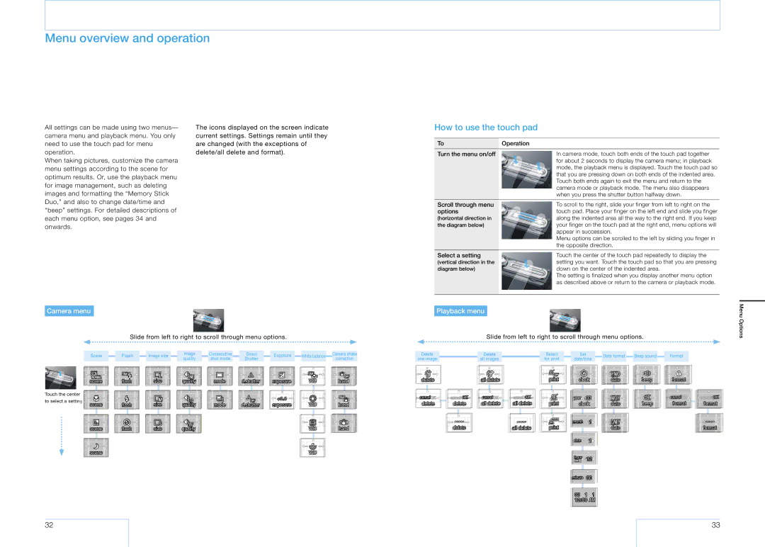 Sony 16 manual Menu overview and operation, How to use the touch pad 