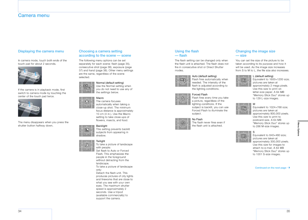 Sony 16 manual Camera menu, Displaying the camera menu, Choosing a camera setting according to the scene scene 