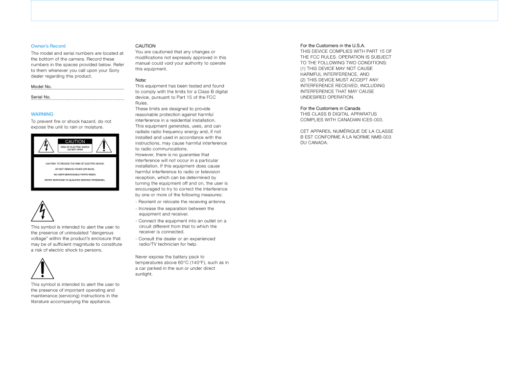 Sony 16 manual Owner’s Record, For the Customers in the U.S.A, For the Customers in Canada 