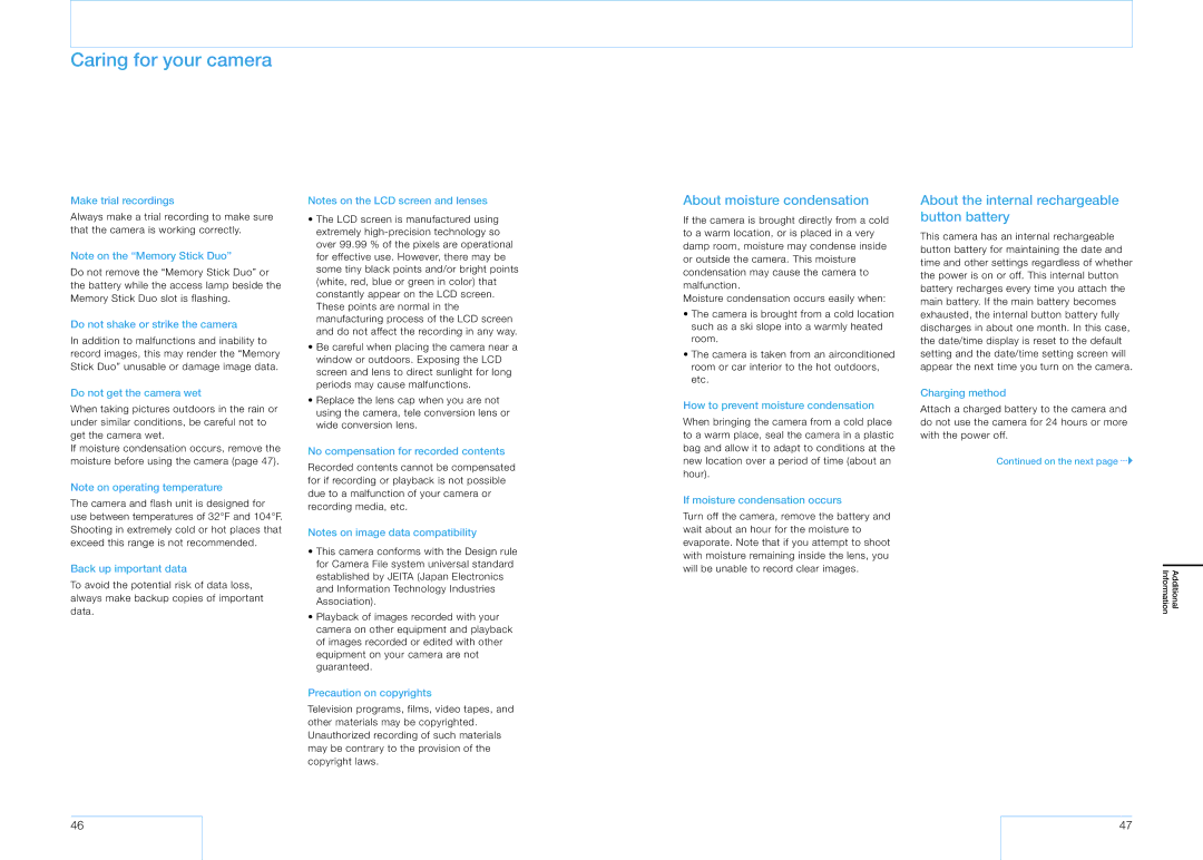 Sony 16 manual Caring for your camera, About moisture condensation, About the internal rechargeable button battery 