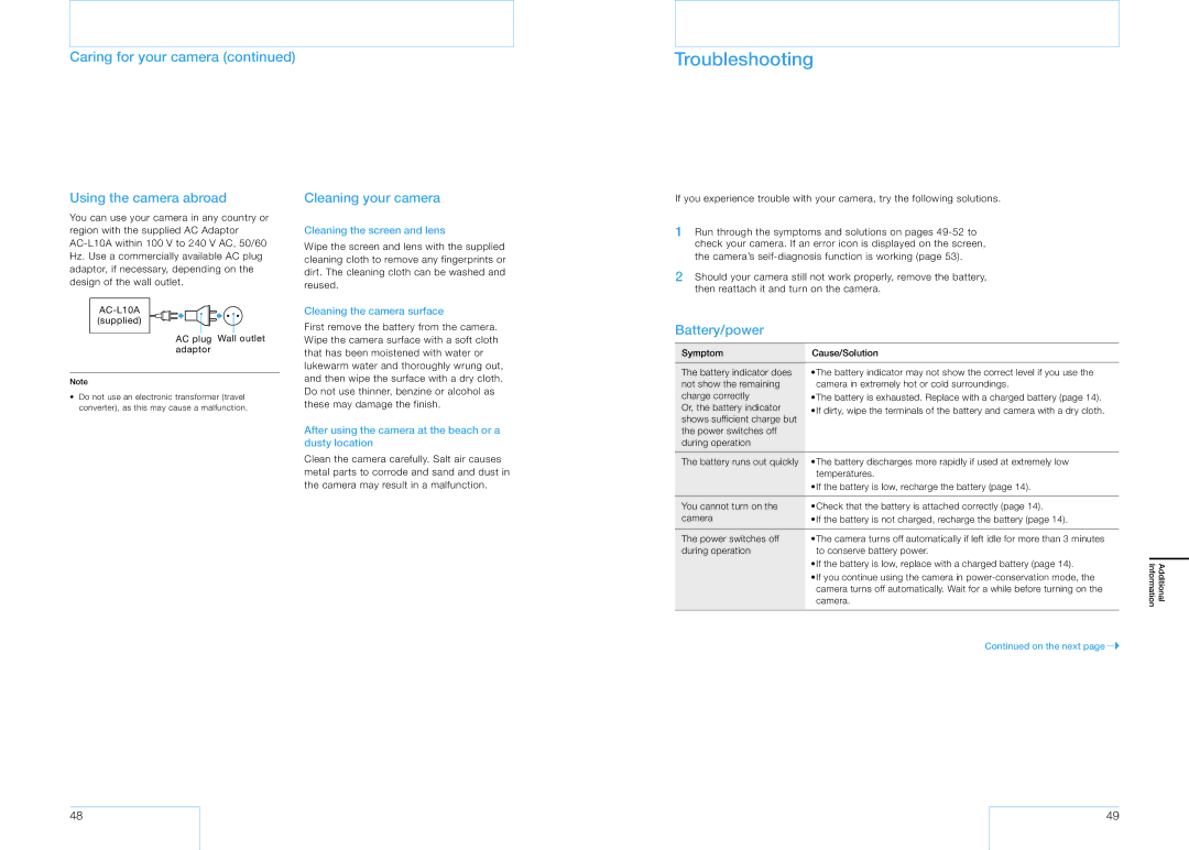 Sony 16 manual Troubleshooting, Caring for your camera, Using the camera abroad, Cleaning your camera, Battery/power 