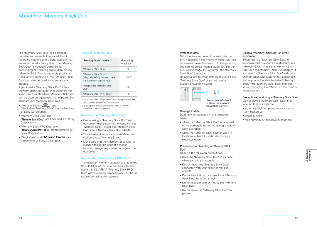 Sony 16 manual About the Memory Stick Duo, Types of Memory Stick 