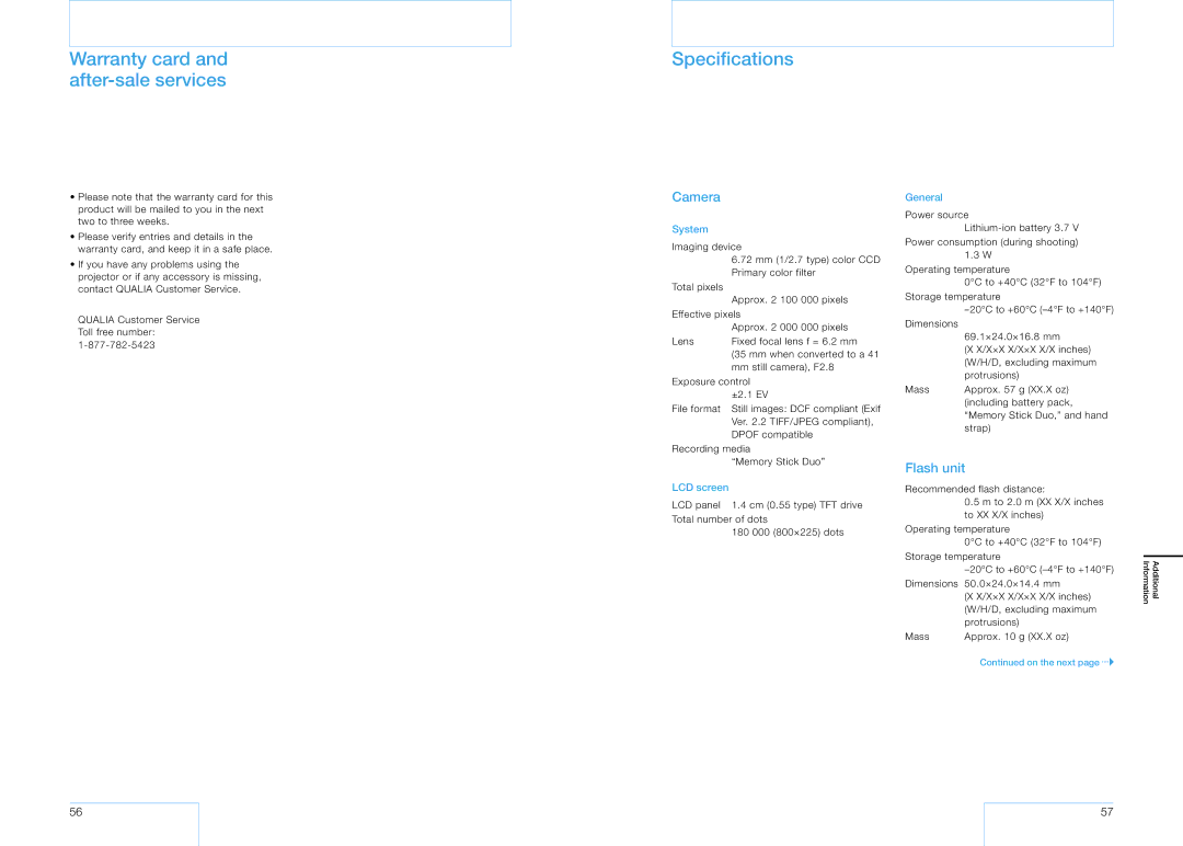 Sony 16 manual Warranty card and after-sale services Specifications, Camera, Flash unit 