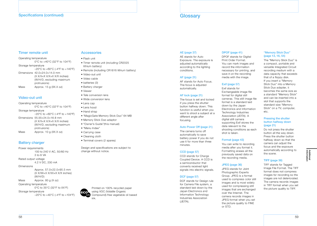 Sony 16 manual Glossary, Specifications 