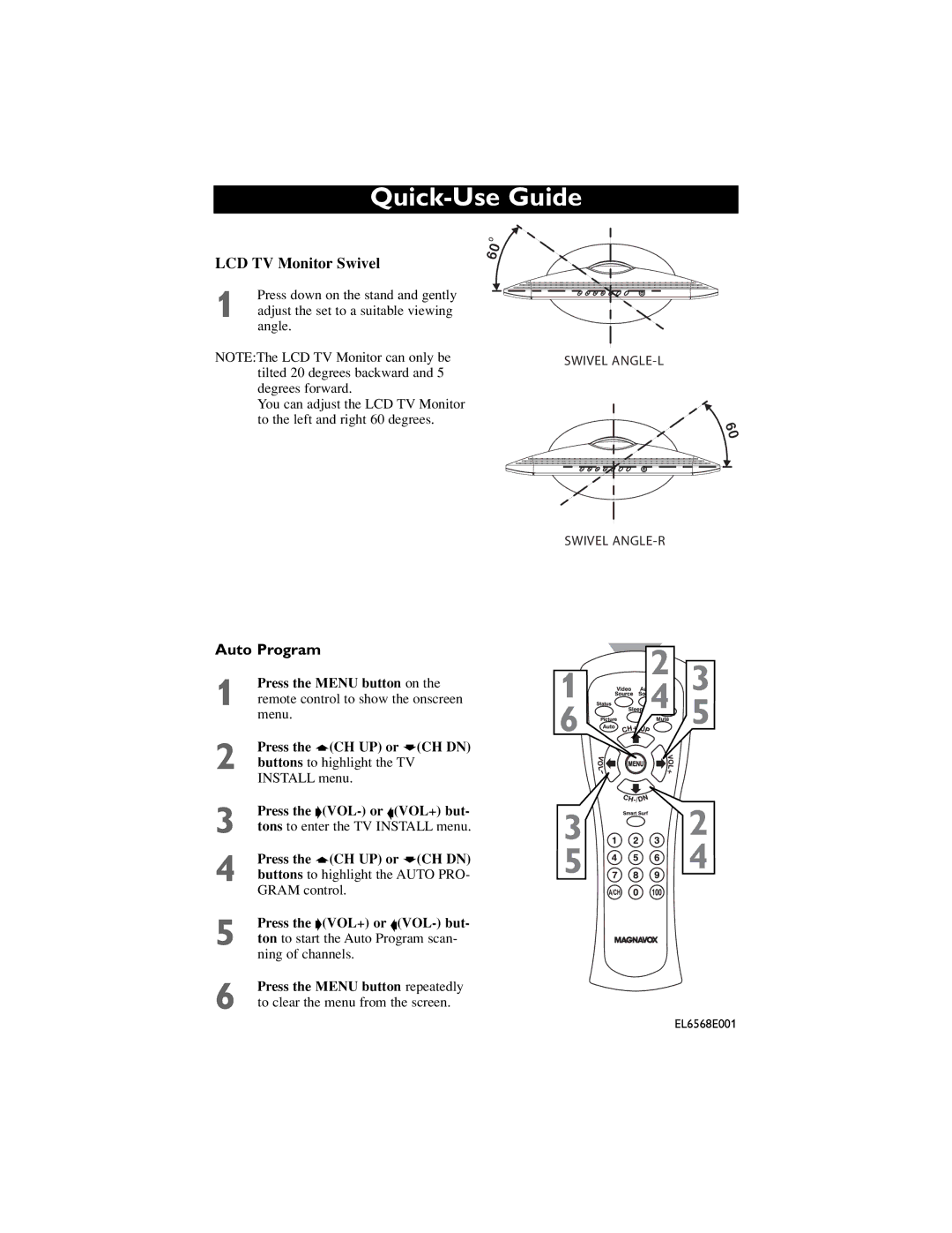 Sony 170S7 owner manual LCD TV Monitor Swivel, Auto Program, Swivel ANGLE-L, Swivel ANGLE-R 