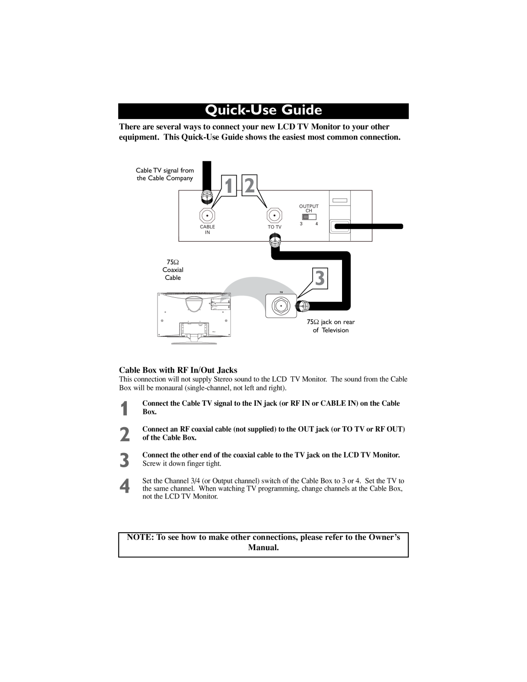 Sony 170S7 owner manual Quick-Use Guide, Cable Box with RF In/Out Jacks, Manual 