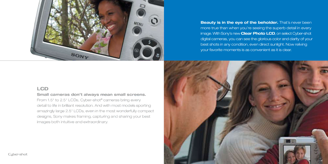 Sony 2005 manual Lcd, Small cameras don’t always mean small screens 
