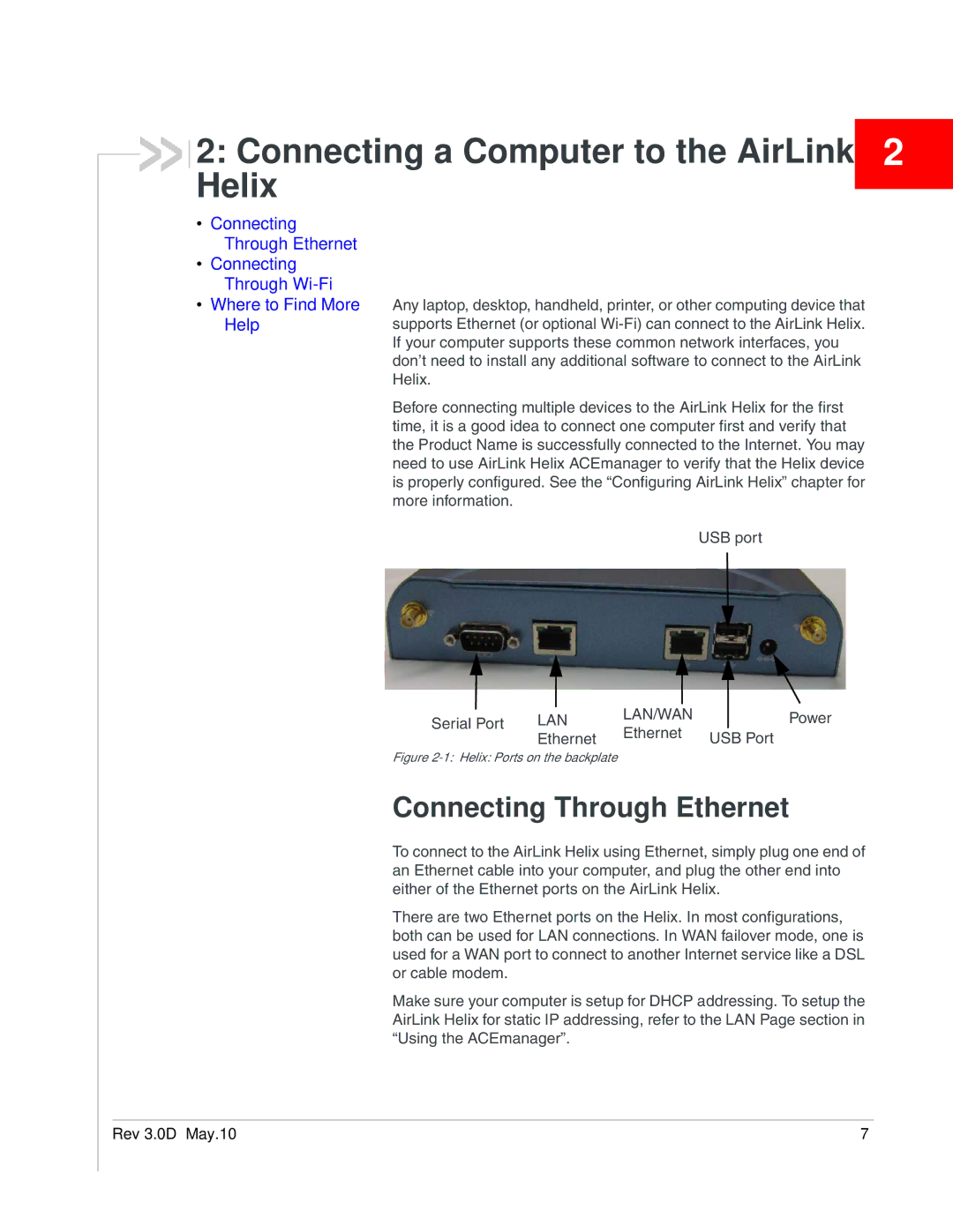 Sony 2140847 manual Connecting a Computer to the AirLink 2 Helix, Connecting Through Ethernet 