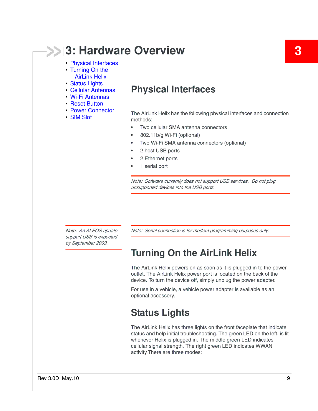 Sony 2140847 manual Hardware Overview, Physical Interfaces, Turning On the AirLink Helix, Status Lights 