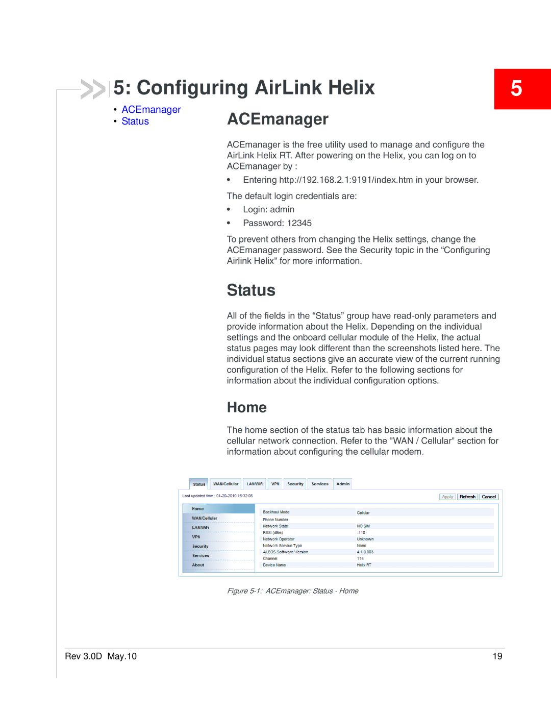 Sony 2140847 manual Configuring AirLink Helix, ACEmanager, Status, Home 