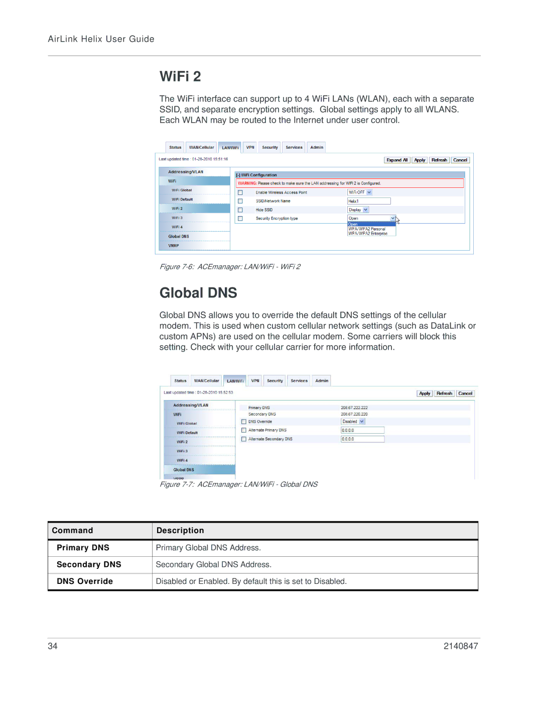 Sony 2140847 manual WiFi, Primary Global DNS Address, Secondary Global DNS Address 