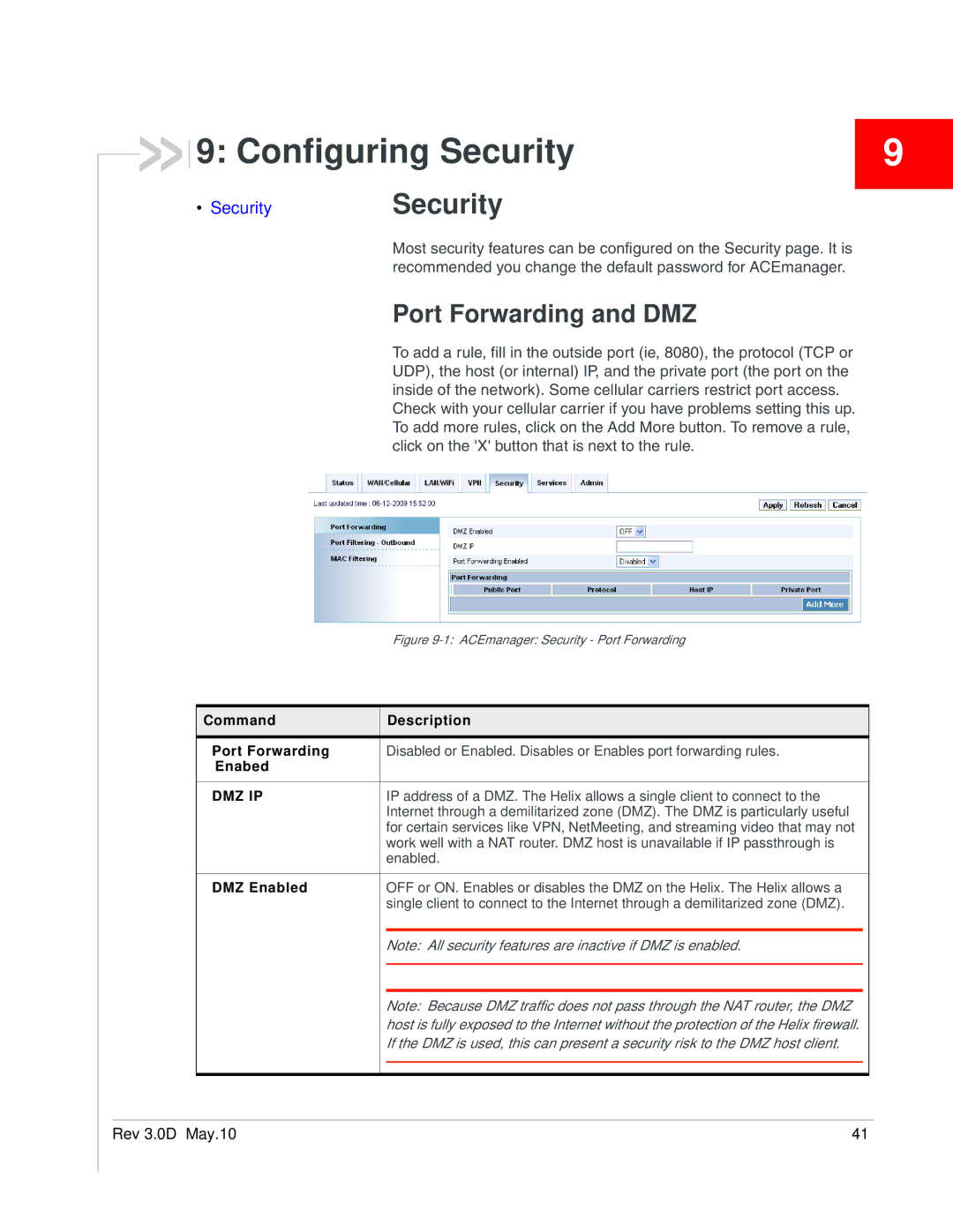 Sony 2140847 manual Configuring Security, Port Forwarding and DMZ 