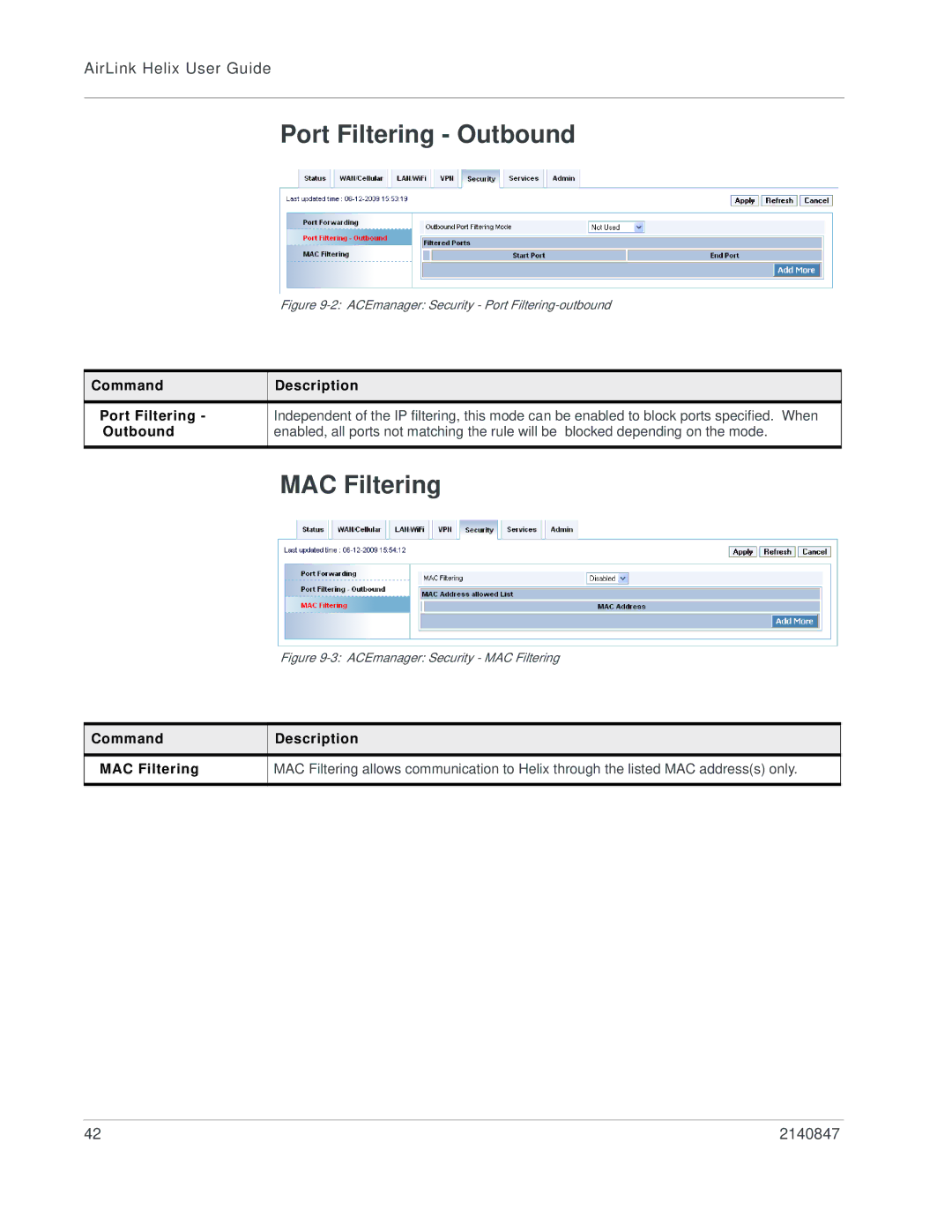 Sony 2140847 manual Port Filtering Outbound, MAC Filtering 