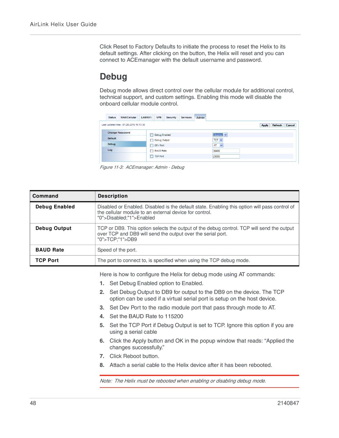 Sony 2140847 manual Command Description Debug Enabled, Debug Output, Baud Rate, TCP Port 