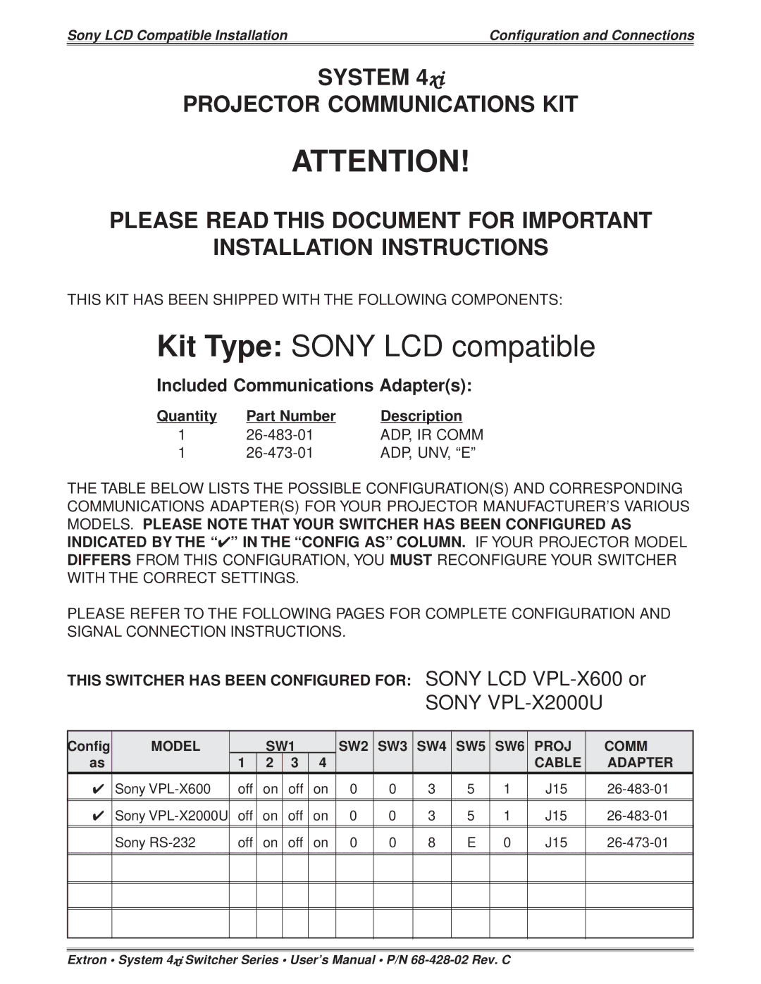 Sony 26-473-01, 26-483-01 installation instructions Quantity Part Number Description 