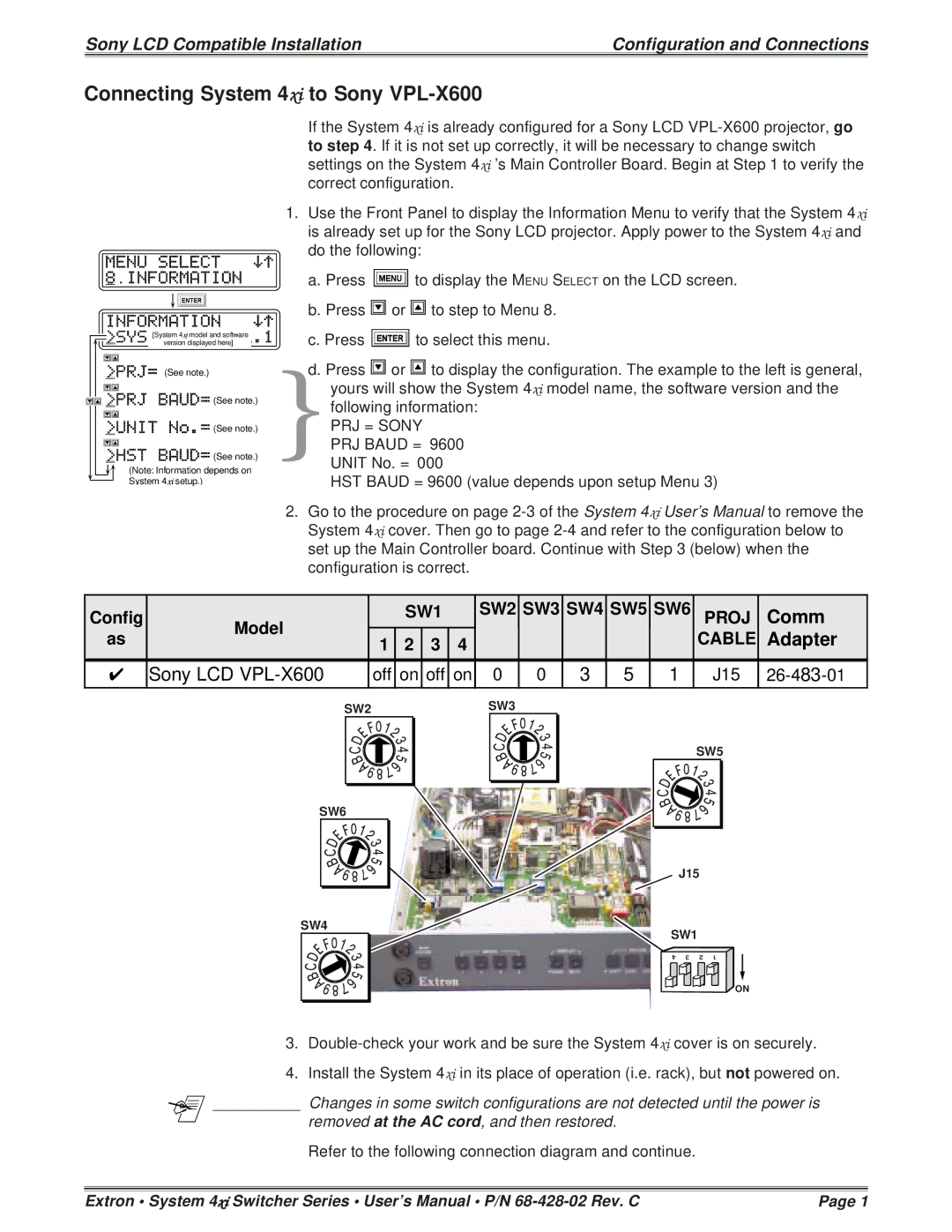 Sony 26-483-01, 26-473-01 installation instructions Connecting System 4xi to Sony VPL-X600, Comm, Adapter, Sony LCD VPL-X600 