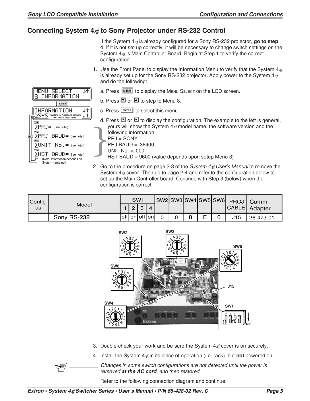 Sony 26-483-01, 26-473-01 installation instructions Comm, Adapter, Sony RS-232 