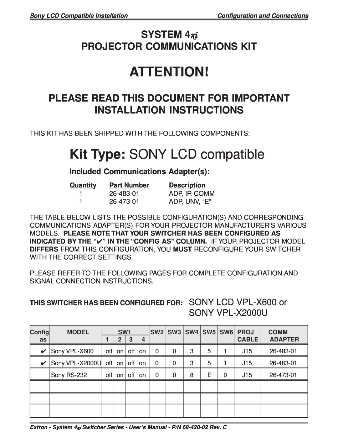 Sony 26-473-01 installation instructions Quantity, Part Number, Description, Kit Type SONY LCD compatible, SONY VPL-X2000U 