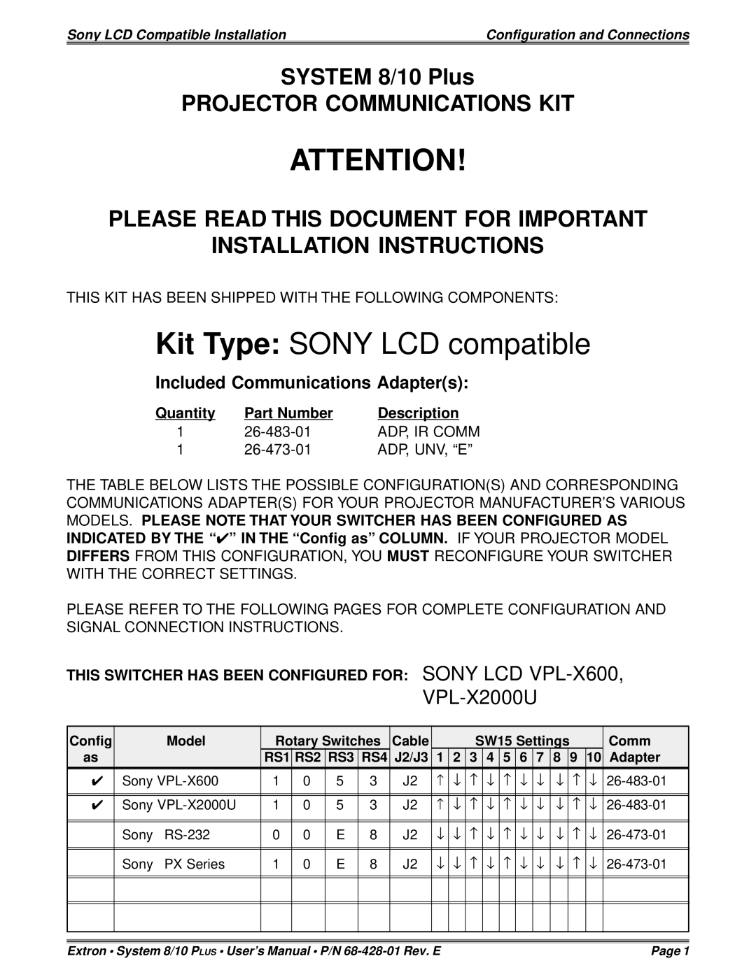 Sony 26-483-01 installation instructions Config Model Rotary Switches Cable, Comm, J2/J3 Adapter 