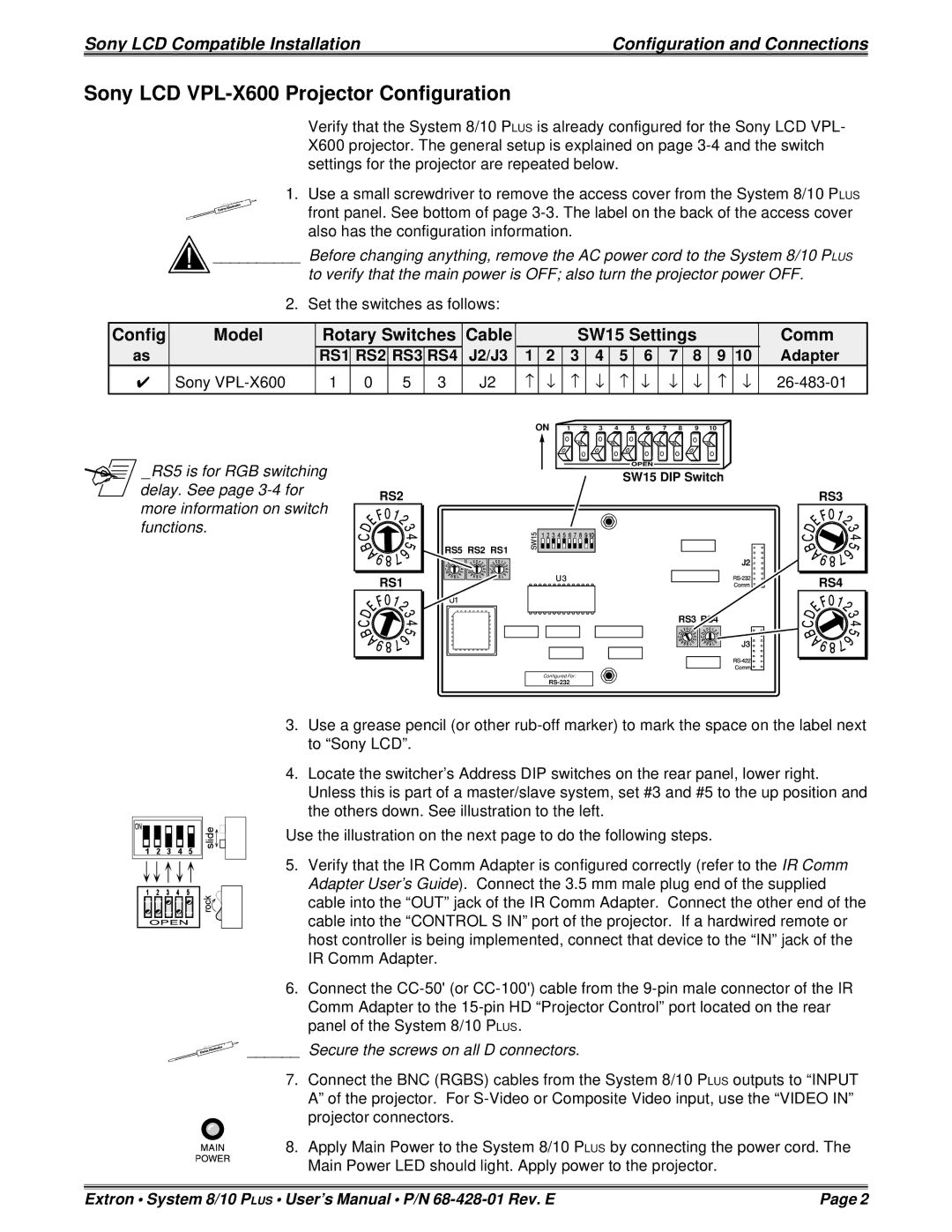Sony 26-483-01 Sony LCD VPL-X600 Projector Configuration, Config Model Rotary Switches Cable SW15 Settings Comm 