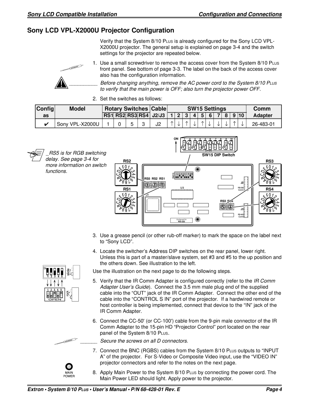 Sony installation instructions Sony LCD VPL-X2000U Projector Configuration, J2/J3 Adapter Sony VPL-X2000U 26-483-01 