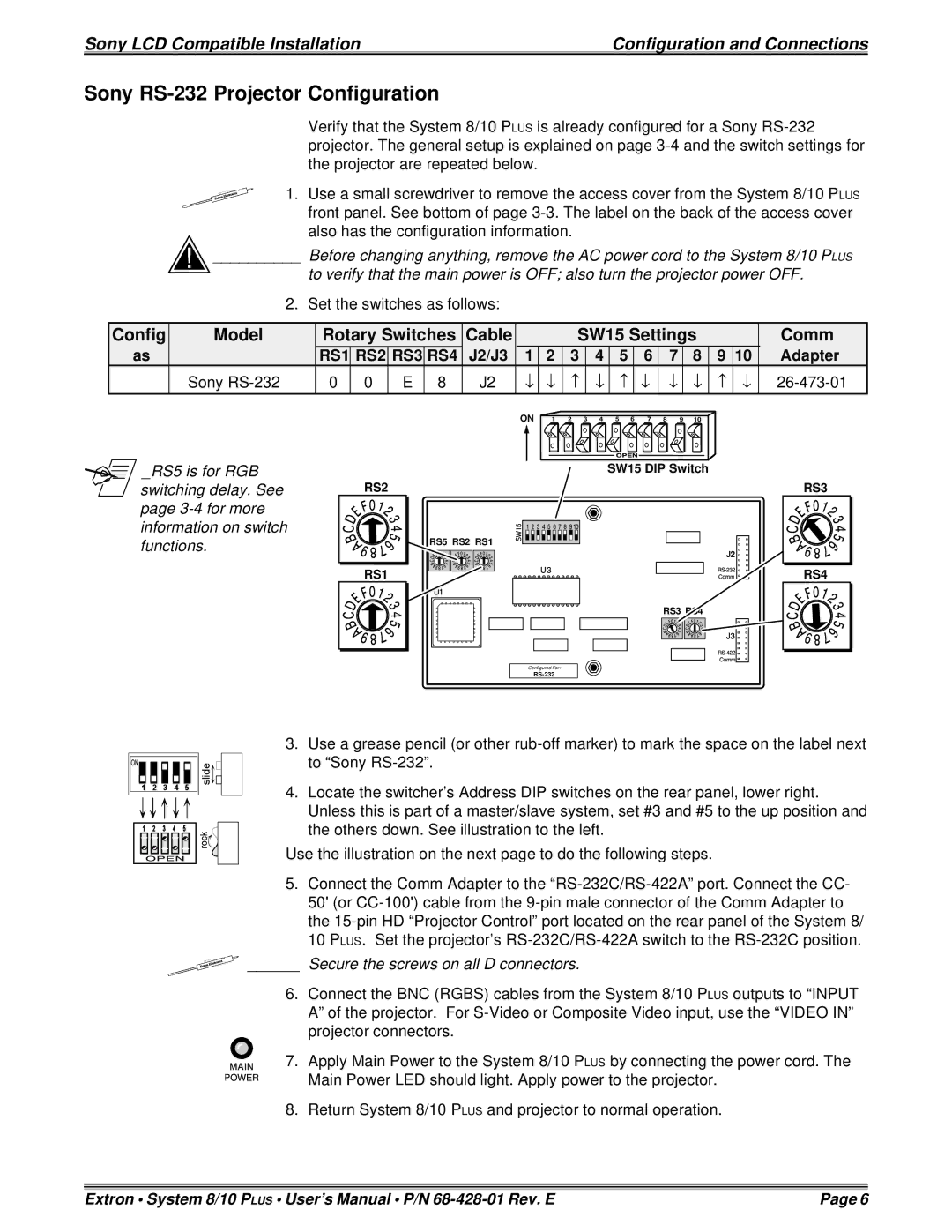 Sony 26-483-01 installation instructions Sony RS-232 Projector Configuration, J2/J3 Adapter Sony RS-232 26-473-01 