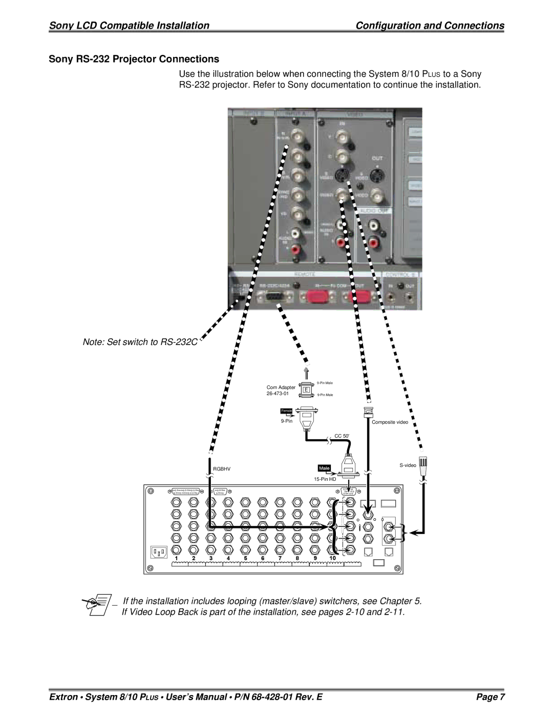 Sony 26-483-01 installation instructions Sony RS-232 Projector Connections 