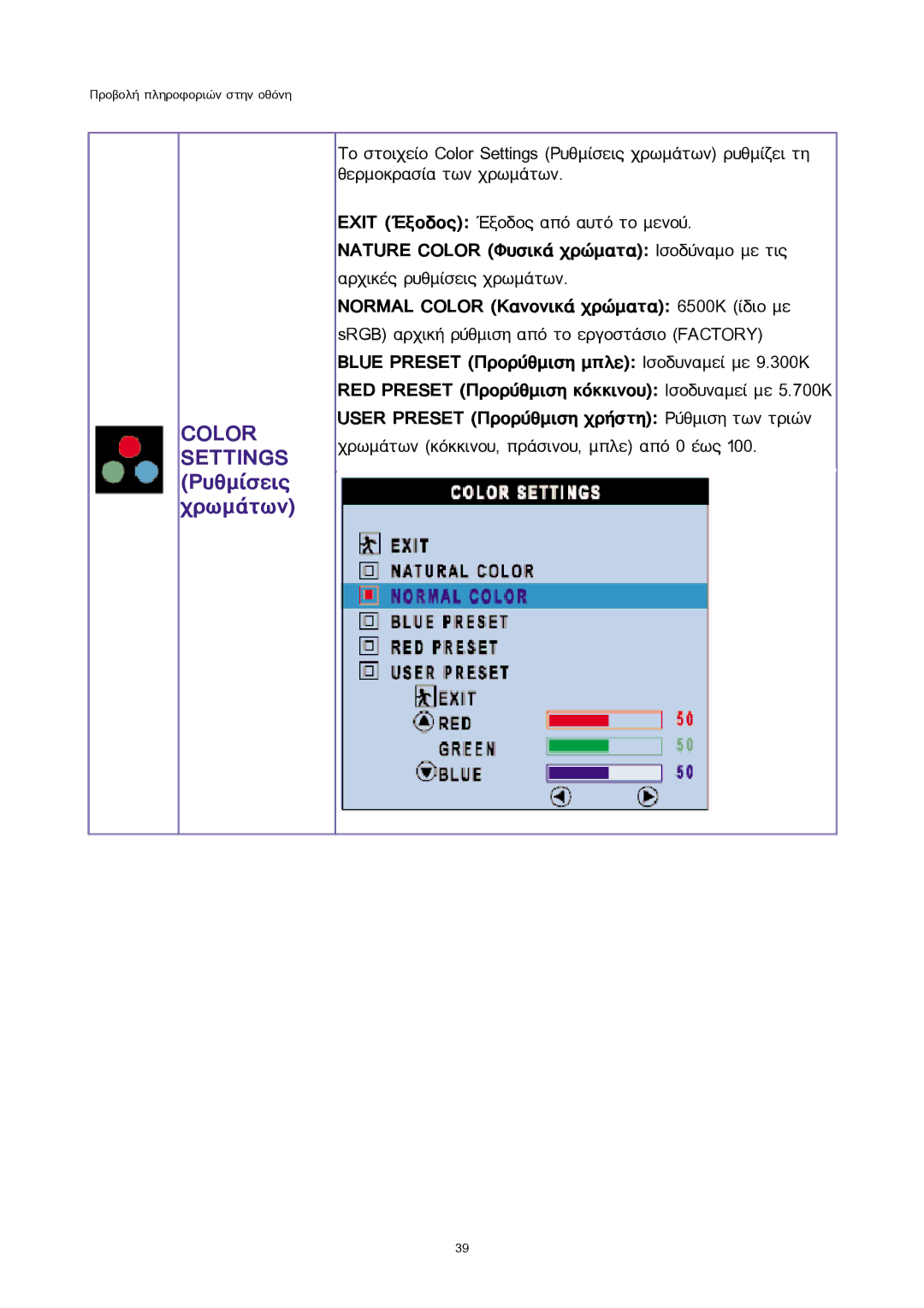 Sony 300WN5 manual Color Settings Ñõèìßóåéò ÷ñùìÜôùí, Nature Color ÖõóéêÜ ÷ñþìáôá Éóïäýíáìï ìå ôéò 