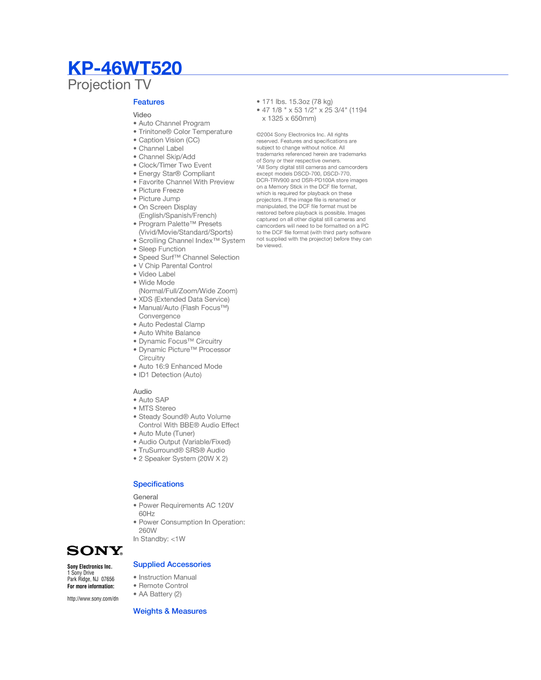 Sony KP-46WT520, 329, Projection Television manual Features, Specifications, Supplied Accessories, Weights & Measures 