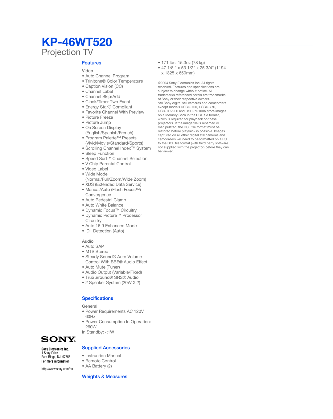 Sony KP-46WT520, 329 manual Projection TV, Features, Specifications, Supplied Accessories, Weights & Measures 
