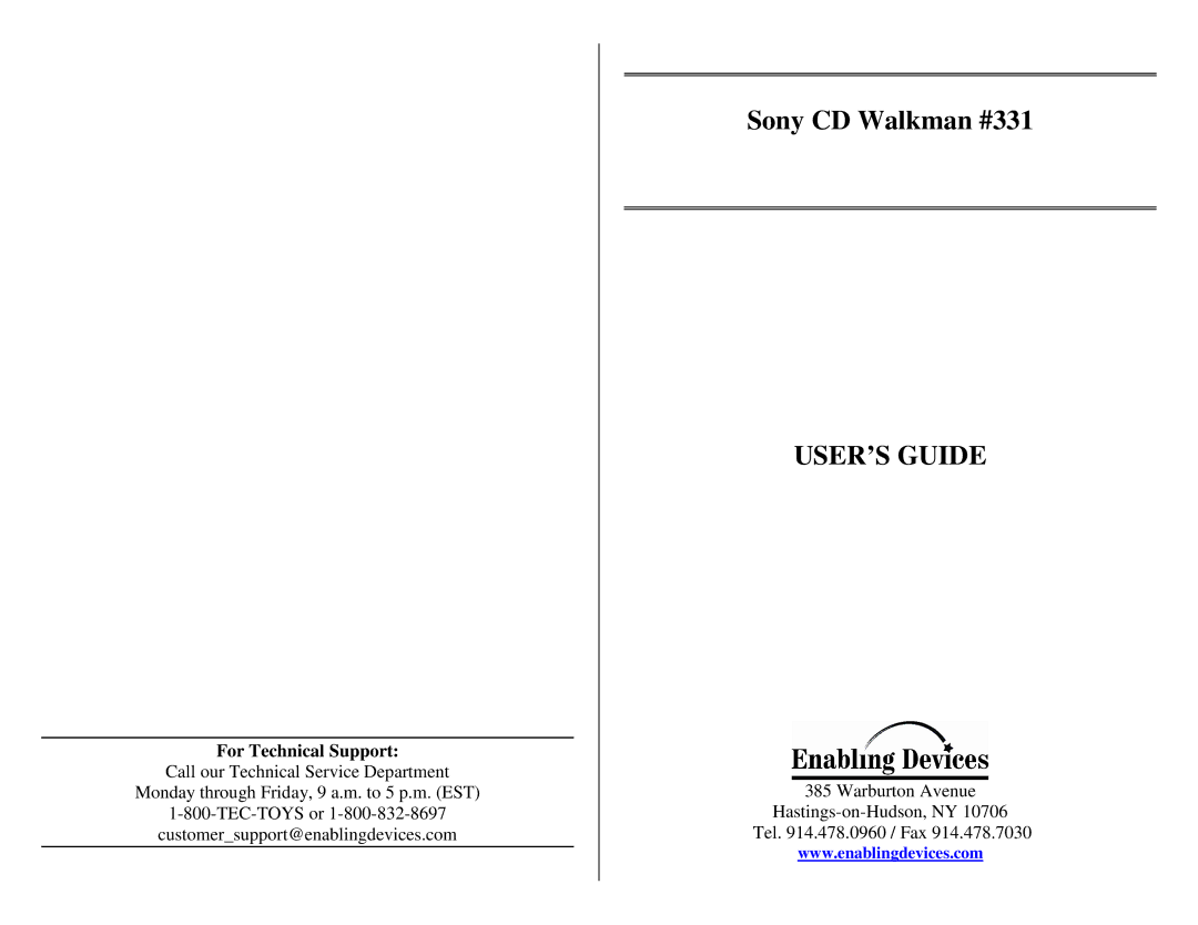 Sony 331 manual USER’S Guide, For Technical Support, Warburton Avenue Hastings-on-Hudson, NY Tel .478.0960 / Fax 