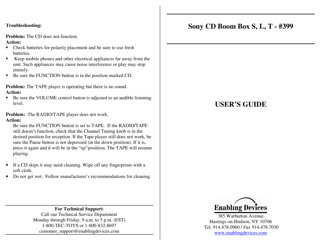 Sony 399 manual USER’S Guide, Troubleshooting, Action, For Technical Support 