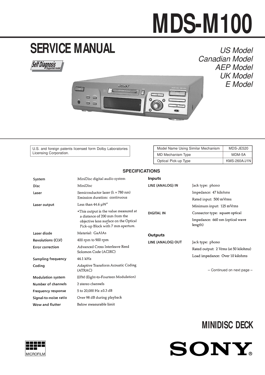 Sony 4-216-840-0 service manual Specifications, MDS-JE520, MDM-5A 